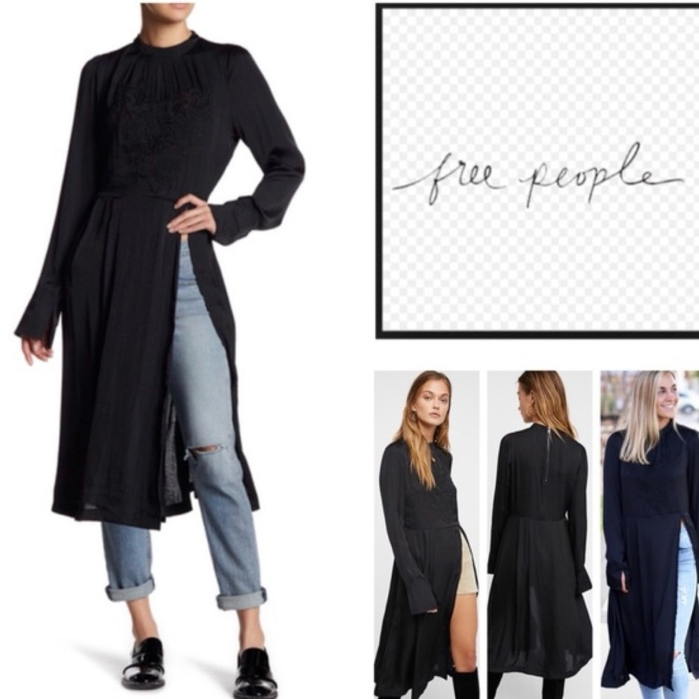 Free People Black Long Tunic ZipperBack Embroidered Yoke SZ S EUC